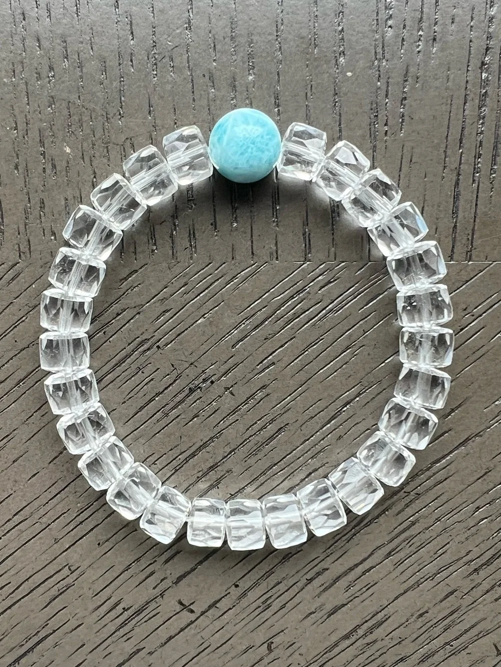 HQ Faceted Clear Quartz with Larimar bracelet 8-11mm SIZE 6.75’